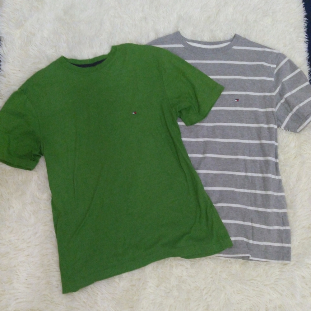 Tommy Hilfiger Men’s T-Shirt Lot of 2 Green Gray & White Striped Short Sleeve M